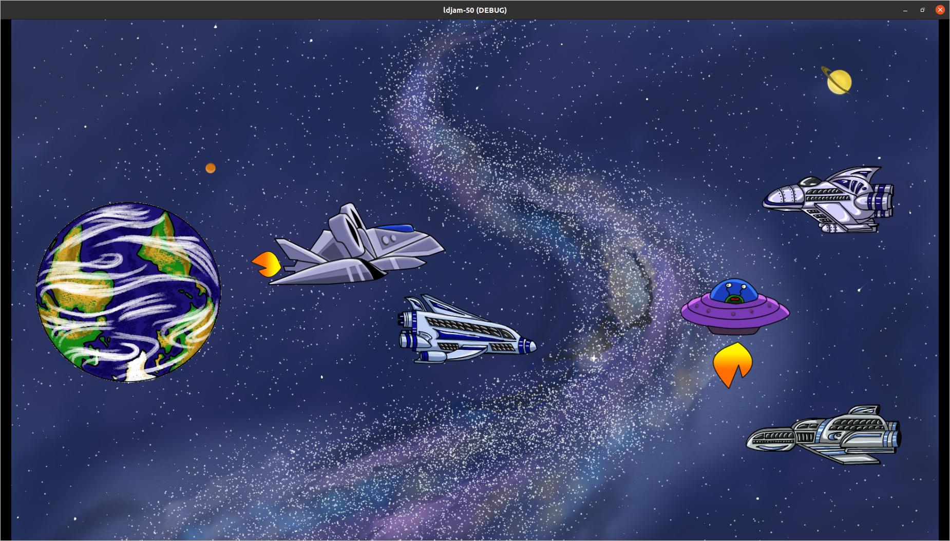 screenshot of a game with planet earth, a few spaceships, an UFO with a green slug-like alien, and a street-shaped space nebula in the background
