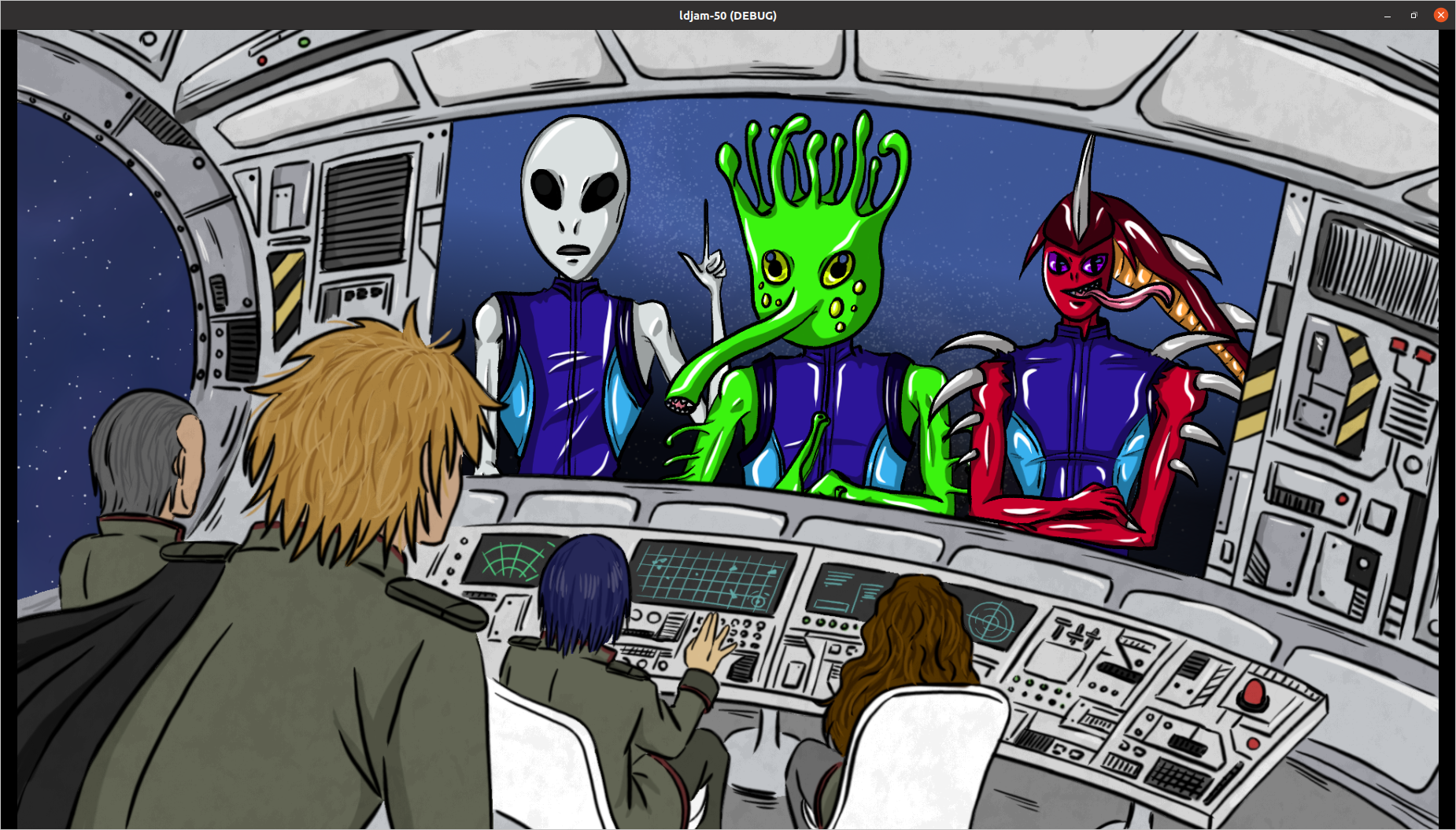 screenshot of comic style bridge in a spaceship with four humanoid crew members in front of buttons, switches, and screens. on the main screen, there are three different alien species in blue space suits: one grey/silver with oval head and black eyes without pupils, one with green skin and a nozzle, and one with red skin, a tail on the head and several spikes emerging from the skin