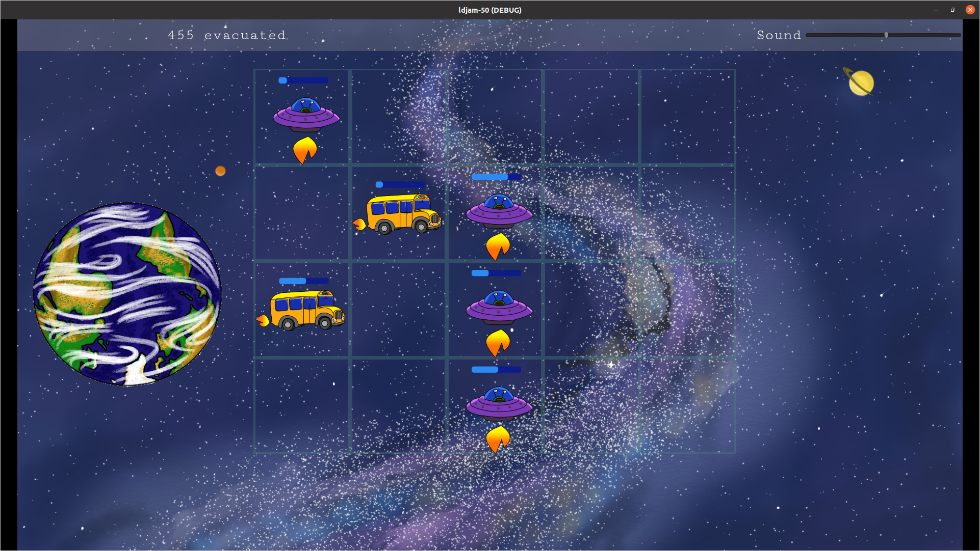 screenshot of space with planet earth. in the foreground there are several "spaceships": four UFOs and two yellow school buses.