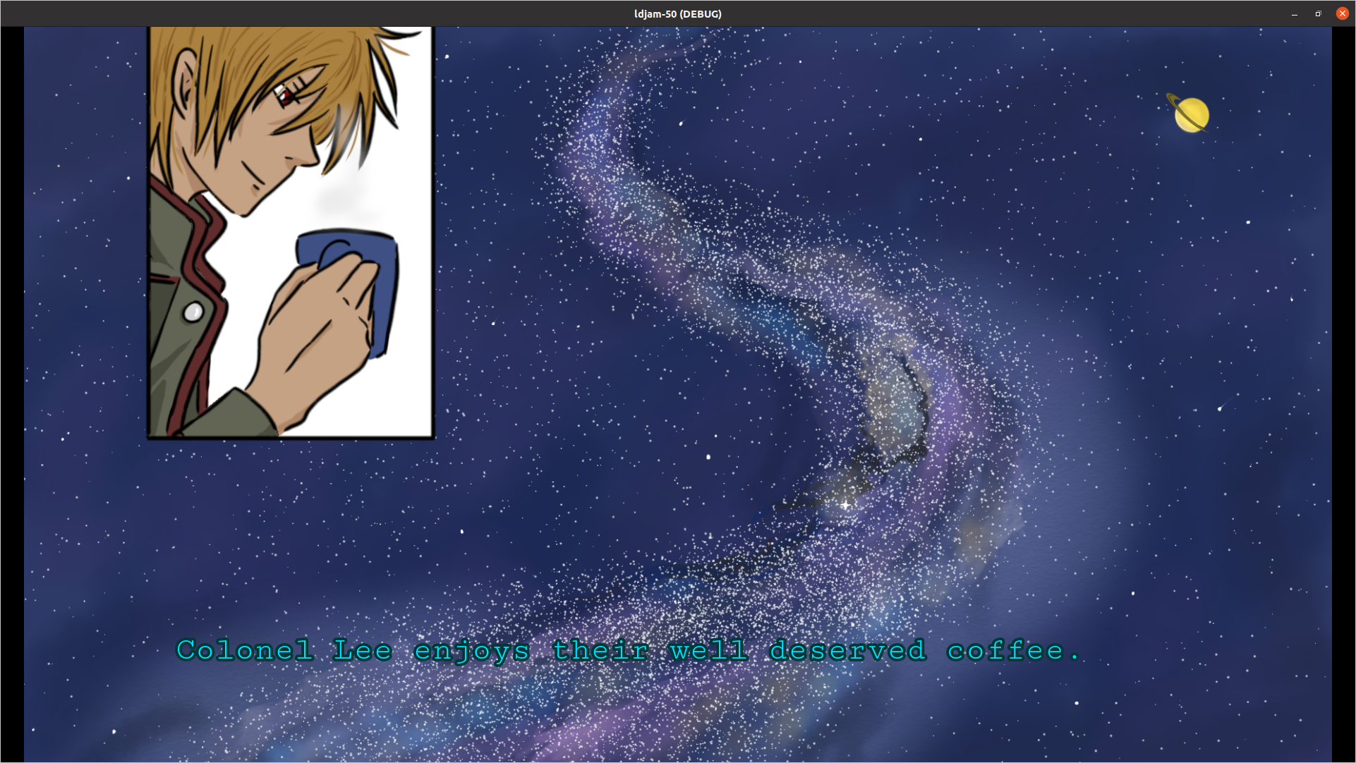 screenshot of Colonel Lee in space with a mug in their hand and text that explains they are enjoying coffee