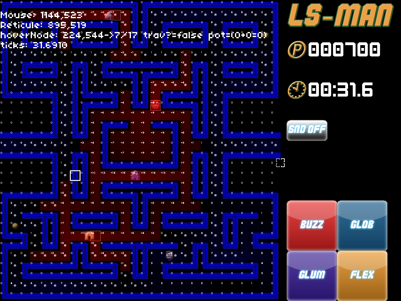 Debug mode screenshot showing the positive potential field of the pellets and the negative field given off by the creatures. Blue is a positive field, red is a negative field. Black is nothing. Upper left corner of each node is the actual value.
