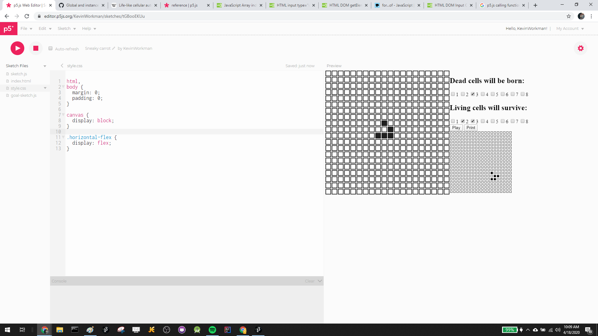 screenshot of goal grid