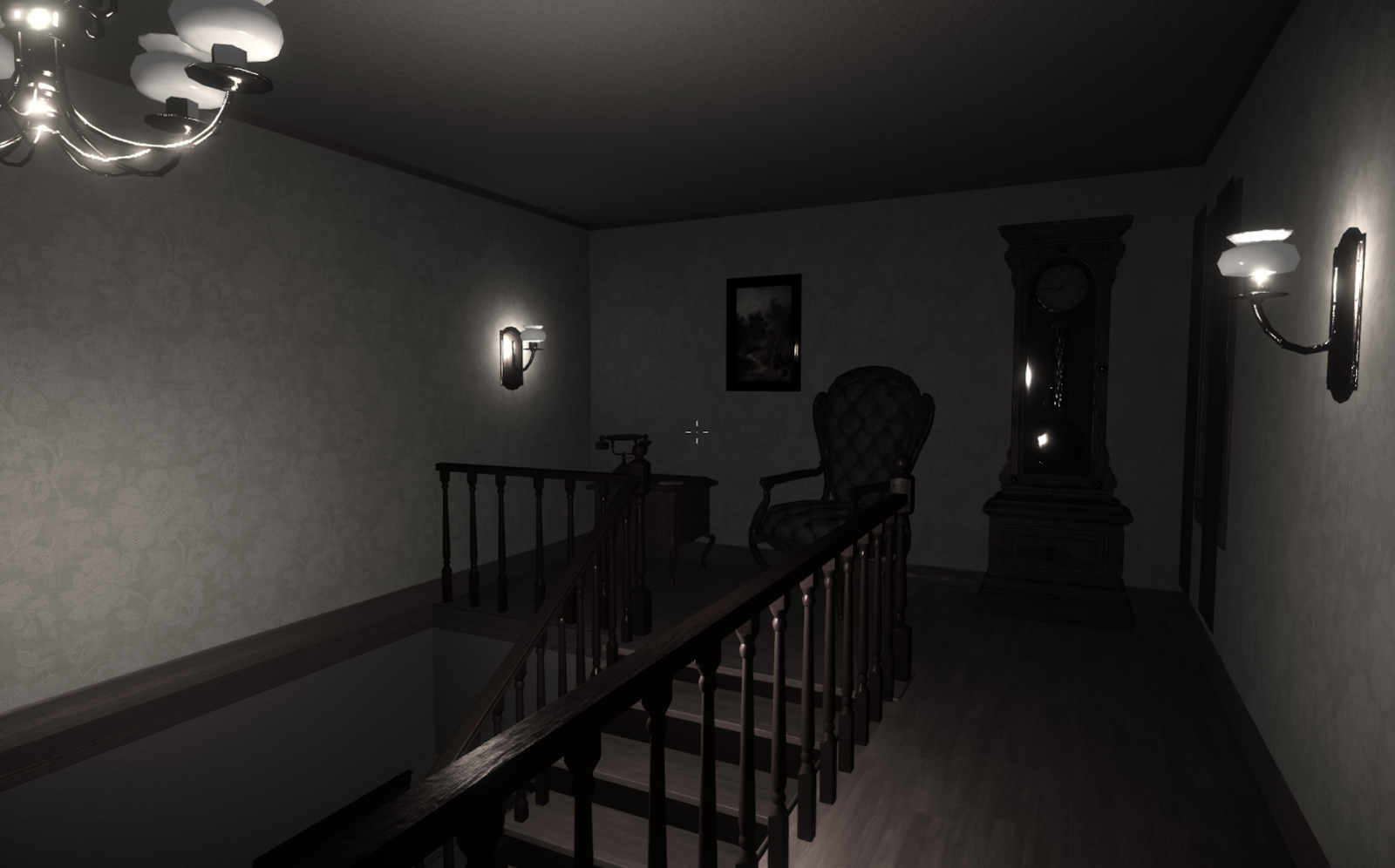 A gameplay screenshot showing a dark landing above a stairway.