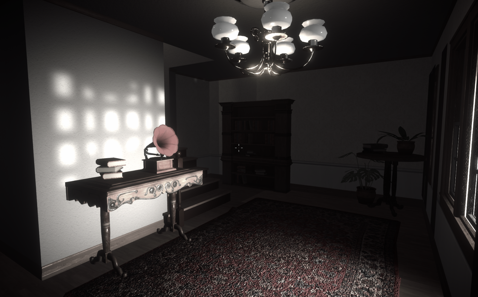 A gameplay screenshot showing a gramophone on a table in front of a window.
