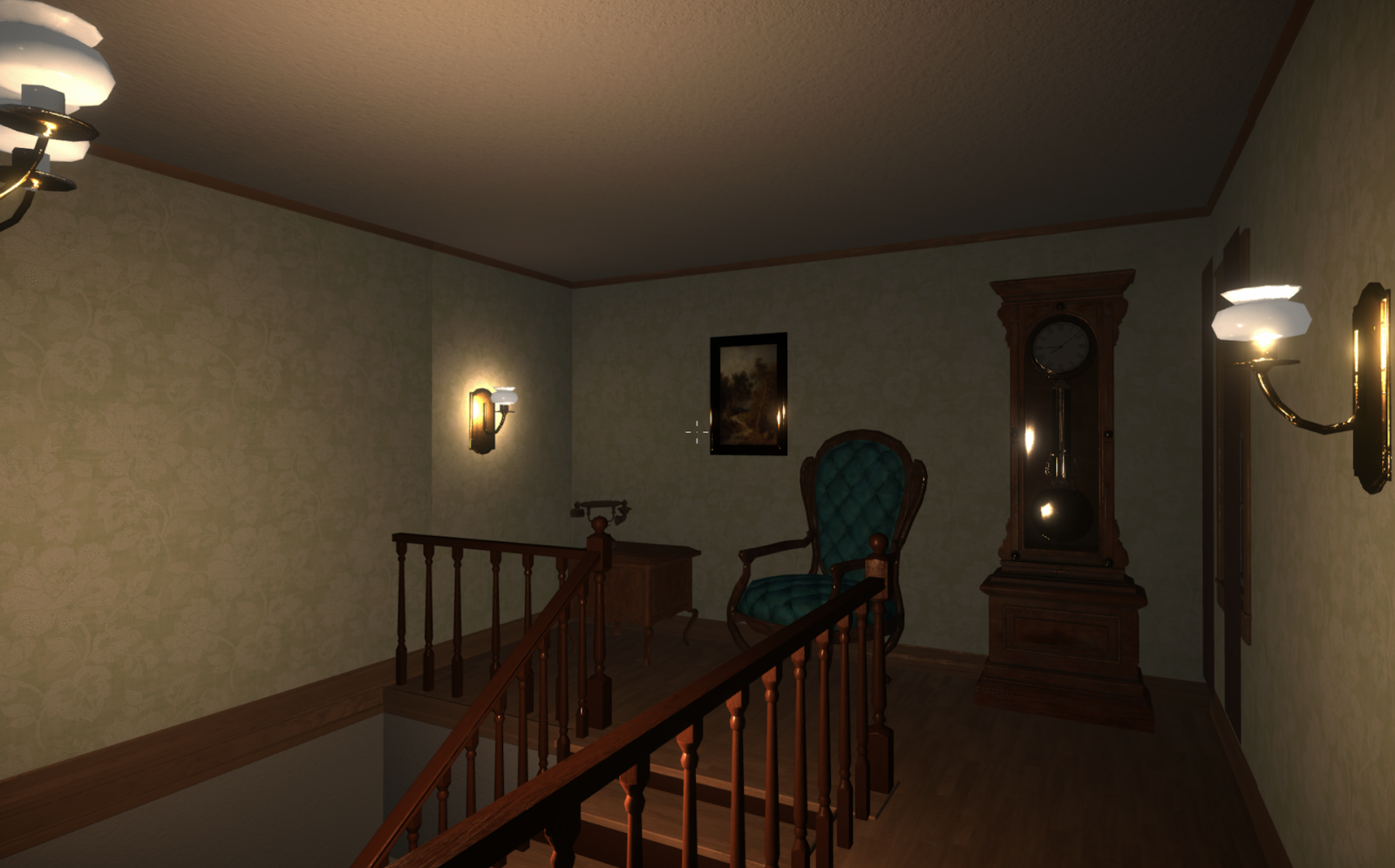 A gameplay screenshot showing the same landing above the stairway but with brighter lighting.