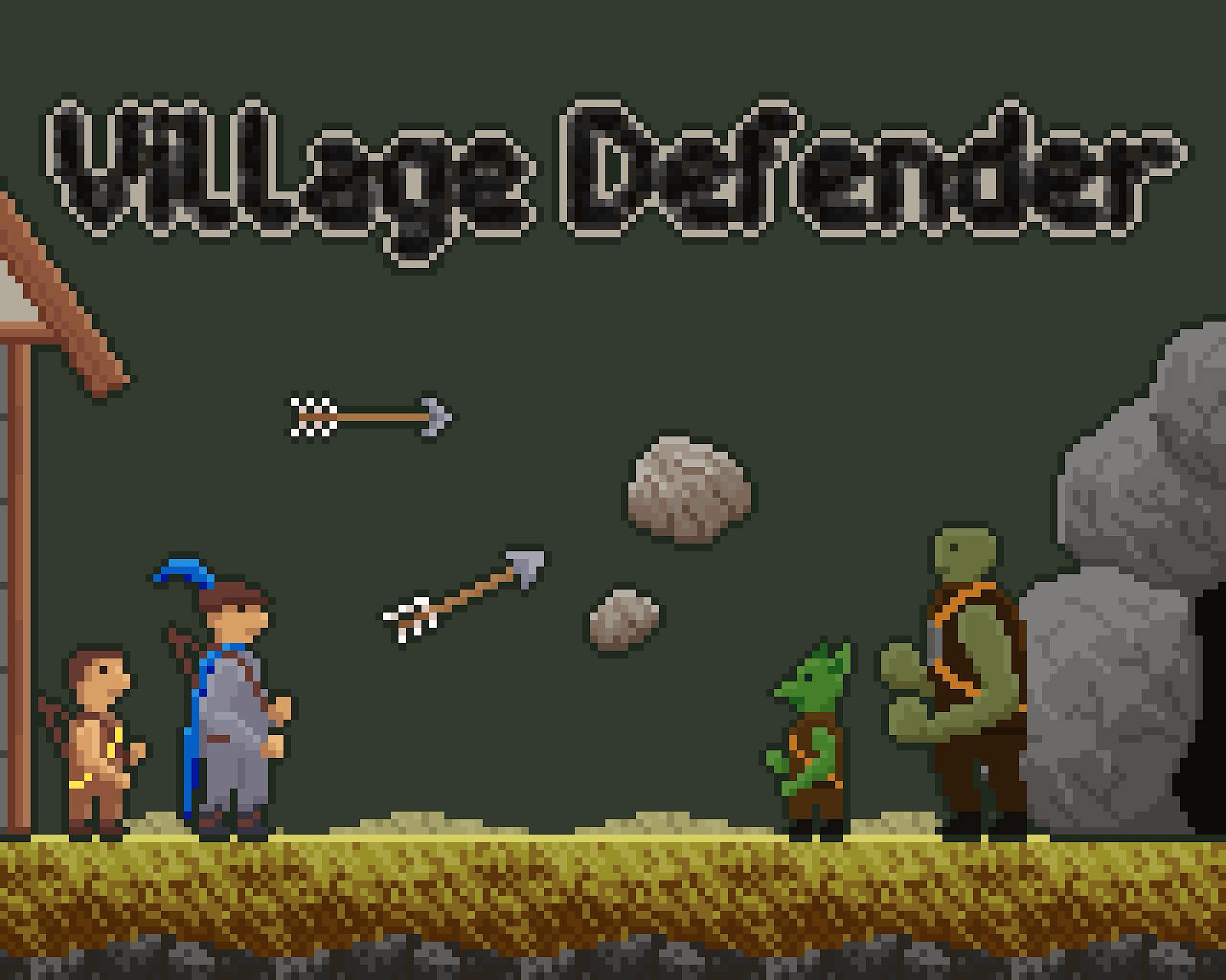 Cover art for Village Defender--A hero, a villager, a couple of monsters, raining arrows and stones from above..