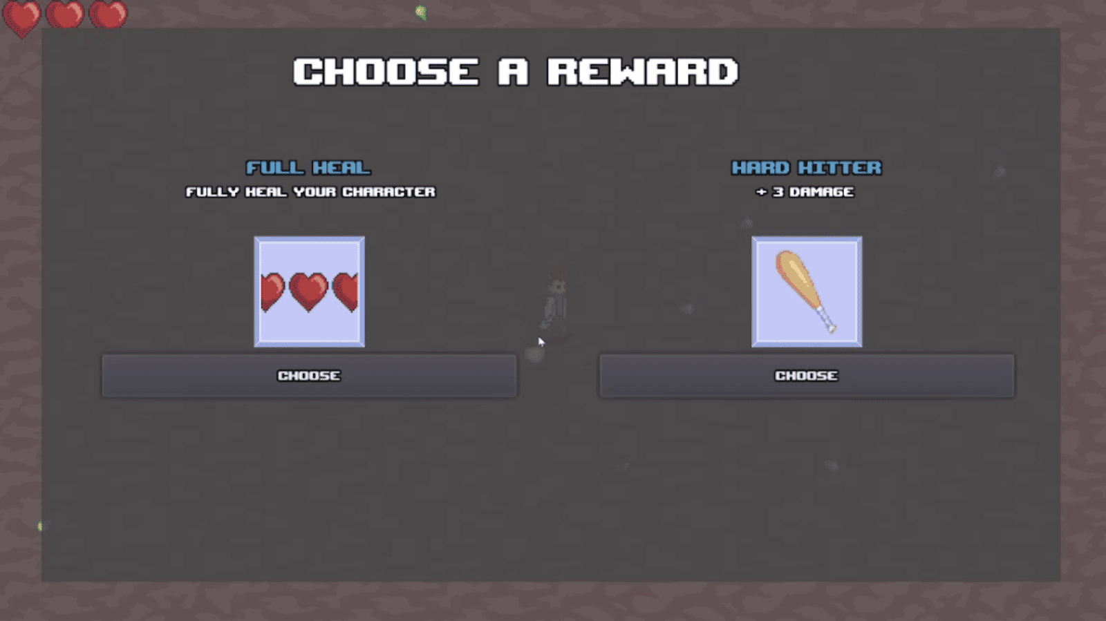 The temporary reward screen showing two randomized options for the player to upgrade.