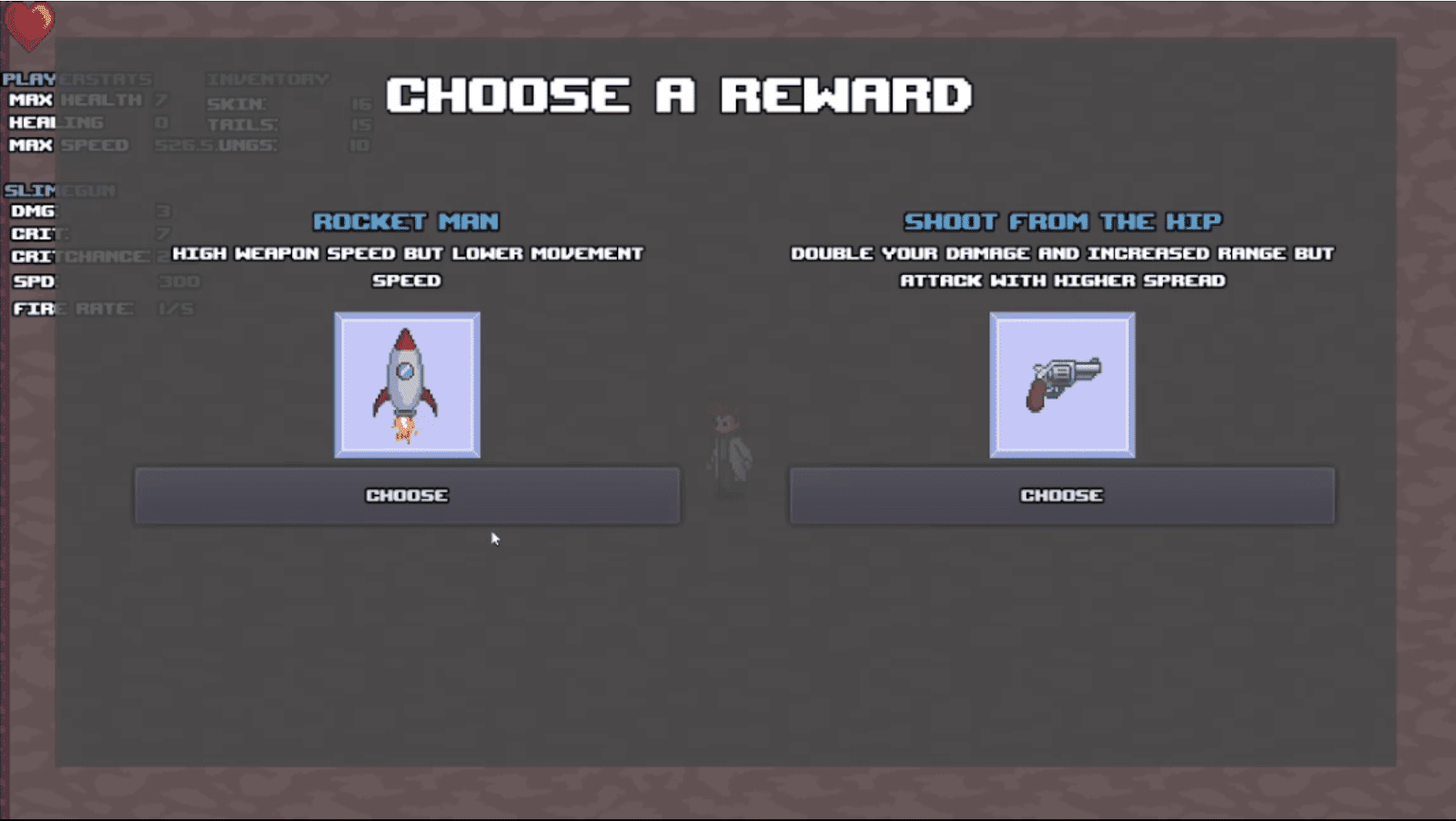 The temporary reward screen showing two randomized options for the player to upgrade.