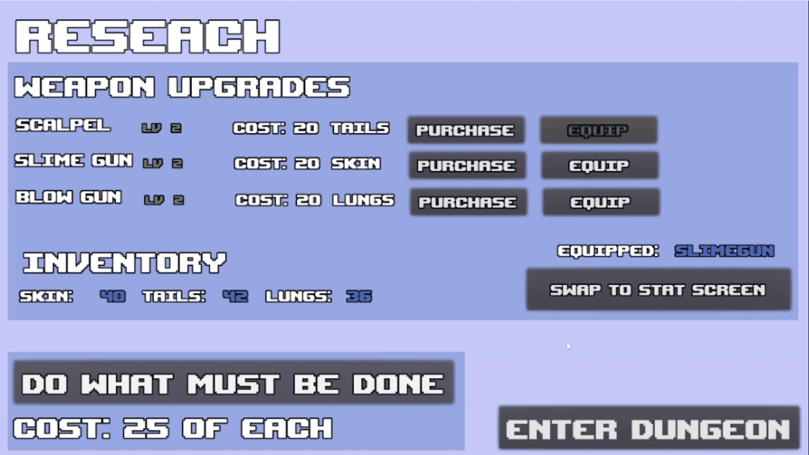 The research screen showing various abilities to upgrade, weapons to unlock, and a button for ending the game. Each option requires paying a number of resources.