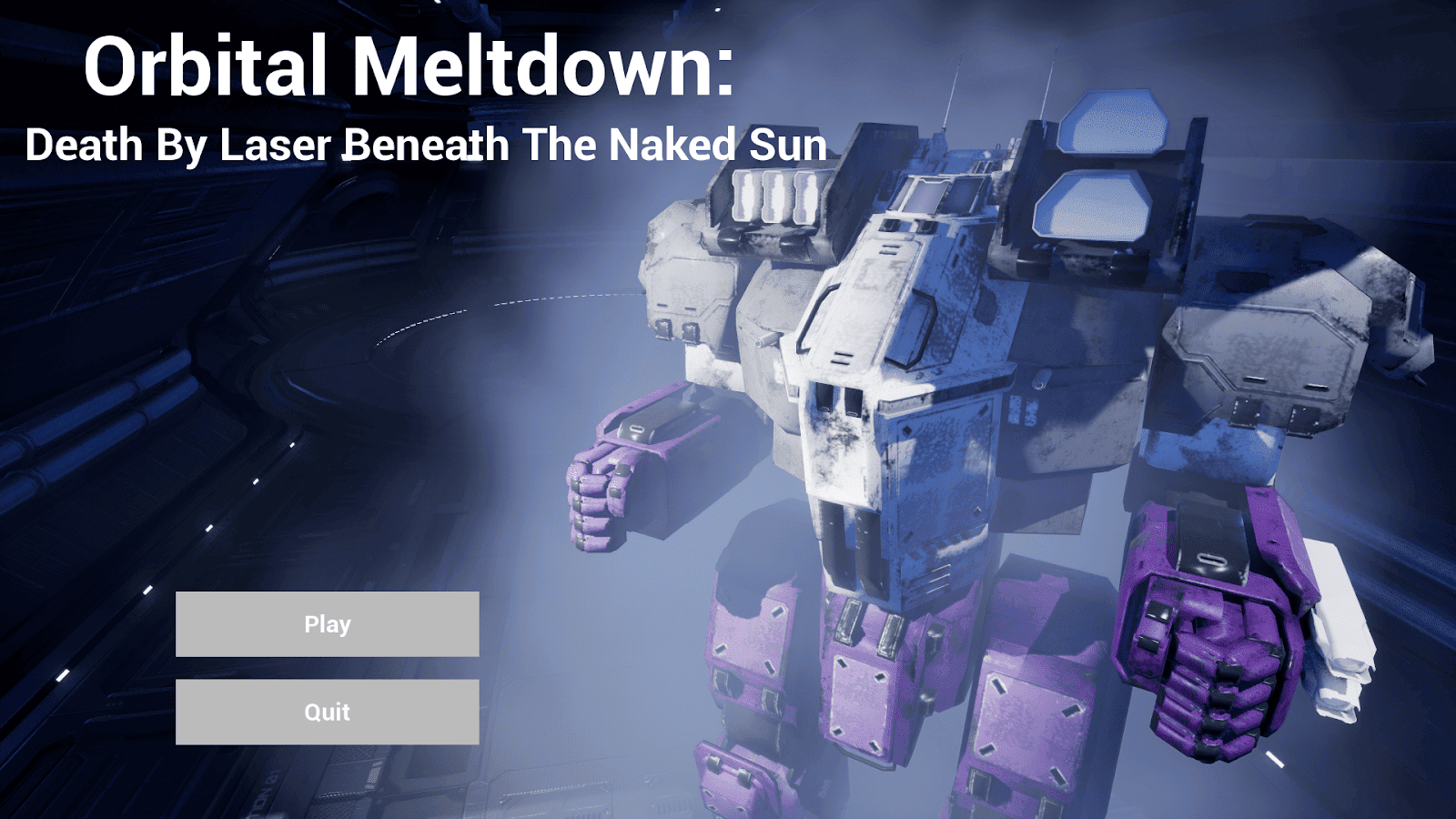 The cover image for Orbital Meltdown: Death by Laser Beneath the Naked Sun, showing the mech in a spaceship.