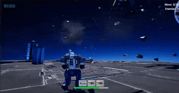 An animated GIF, showing the mech player running around destroying all of the level platforms around the player.