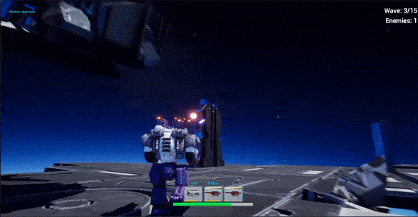 An animated GIF, showing the mech player destroying a tower.