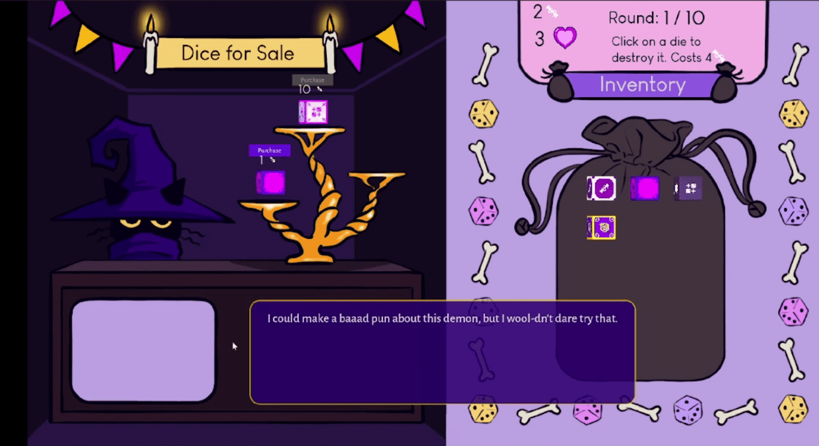 A screenshot showing the shop UI, with a grumpy cat, and a dialog box with a bad pun.