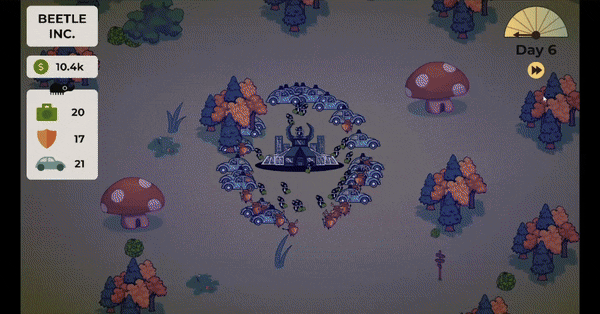 Shows  a late-game day with a lot of beetles running around, and mafia crows coming to take your money (an animated GIF of a recording from Business Beetles).