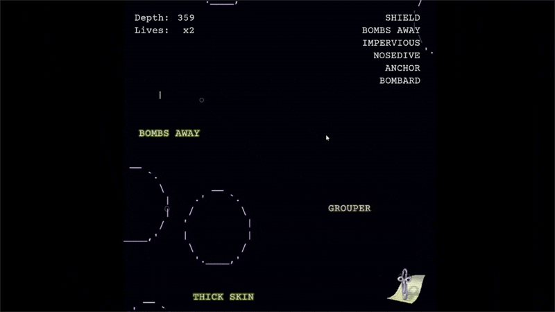 An animated GIF showing gameplay of Typing at Depth. The screen in scrolling quickly downward, and the level has faded to a dark color.