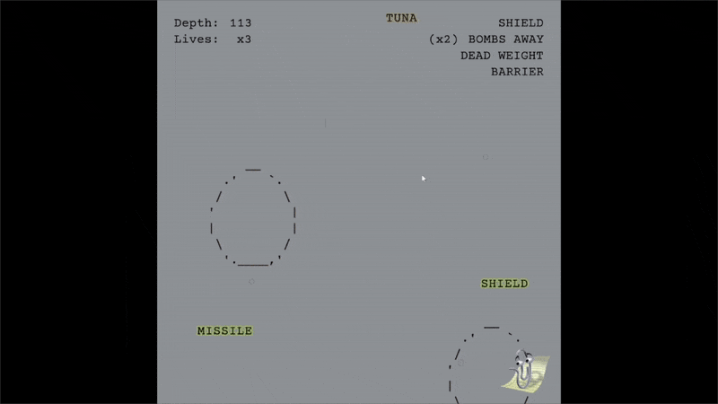 An animated GIF showing gameplay of Typing at Depth. The screen in scrolling somewhat quickly downward, and the level is in the middle of transitioning to a darker color.
