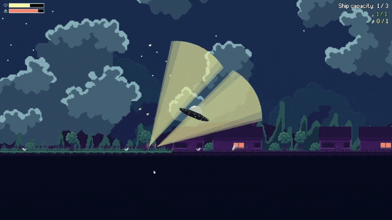 An animated GIF of a screen capture showing a UFO beaming up some Earthlings then flying off into space.
