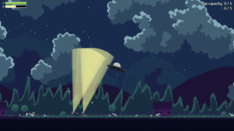 An animated GIF of a screen capture showing Earthlings being beamed up, then dropped, then splatting on the ground.