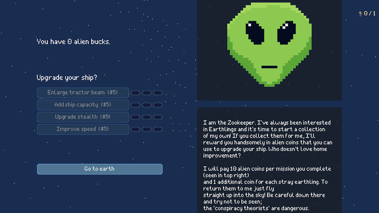 A screenshot showing the zookeeper screen. There's a bad pixel-art drawing of an alien face and some buttons for upgrading various aspects of the ship.