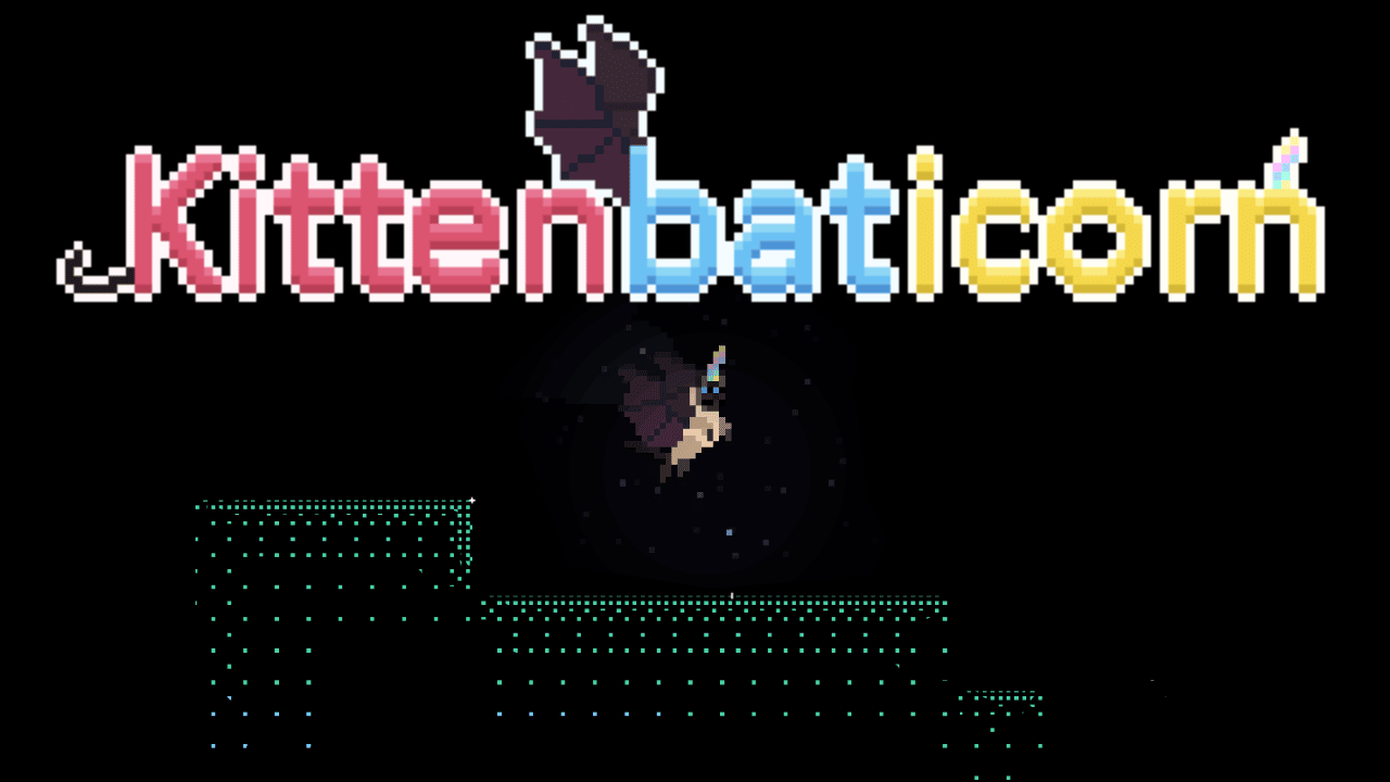Cover image. It says "Kittenbaticorn" and shows a screenshot from the game with the Kittenbaticorn flying, and the level geometry is lit up with scattering stippling from the player's echolocation.