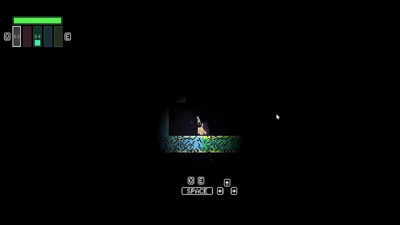 An animated GIF showing a recording of some gameplay: The player adjusts their frequency, echolocates, sees the world, and breaks some blocks.