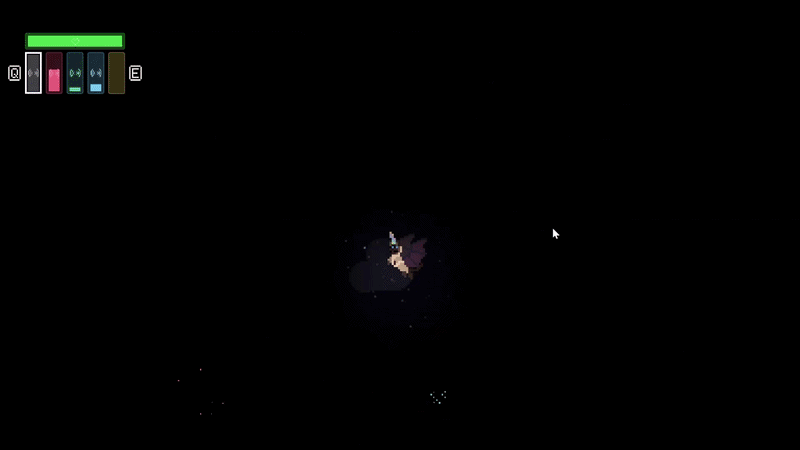 An animated GIF showing a recording of some gameplay: The player echolocates at the right frequency to damage an enemy and destroy blocks.