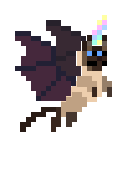 An animated GIF showing the pixel-art Kittenbaticorn flying.