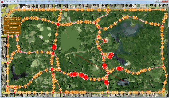 Screenshot showing a debug view of the game, including map waypoints as I tested the path cutting mechanic. Roaming Fleshlings are also visible.