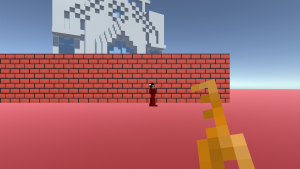a simple brick wall and a blocky cathedral behind